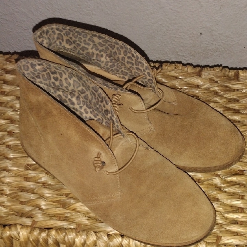 Tan Suede Ankle Boots Leopard Print Lining Chukka Ashbee Laceup Lucky Brand 8.5